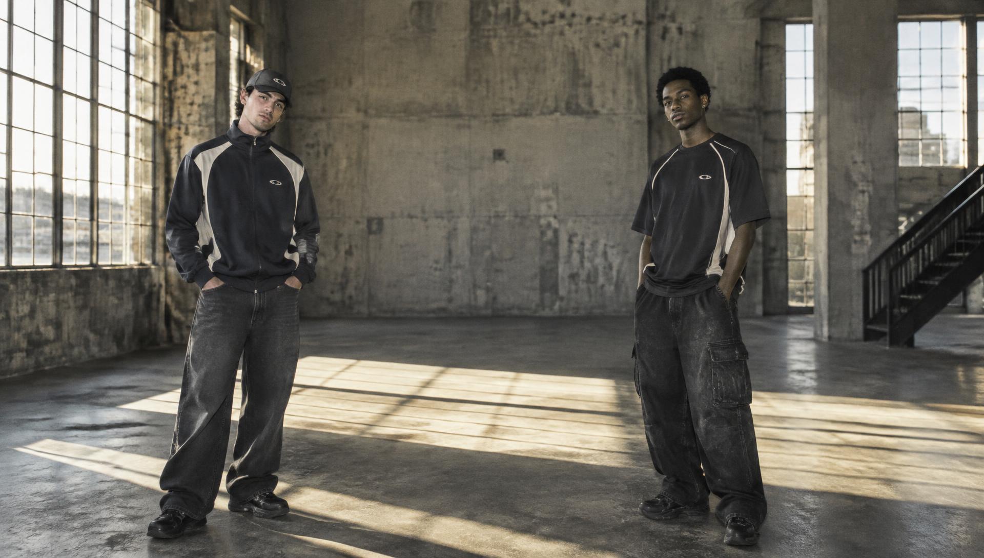OPTIC-inspired streetwear campaign with two friends in an industrial warehouse